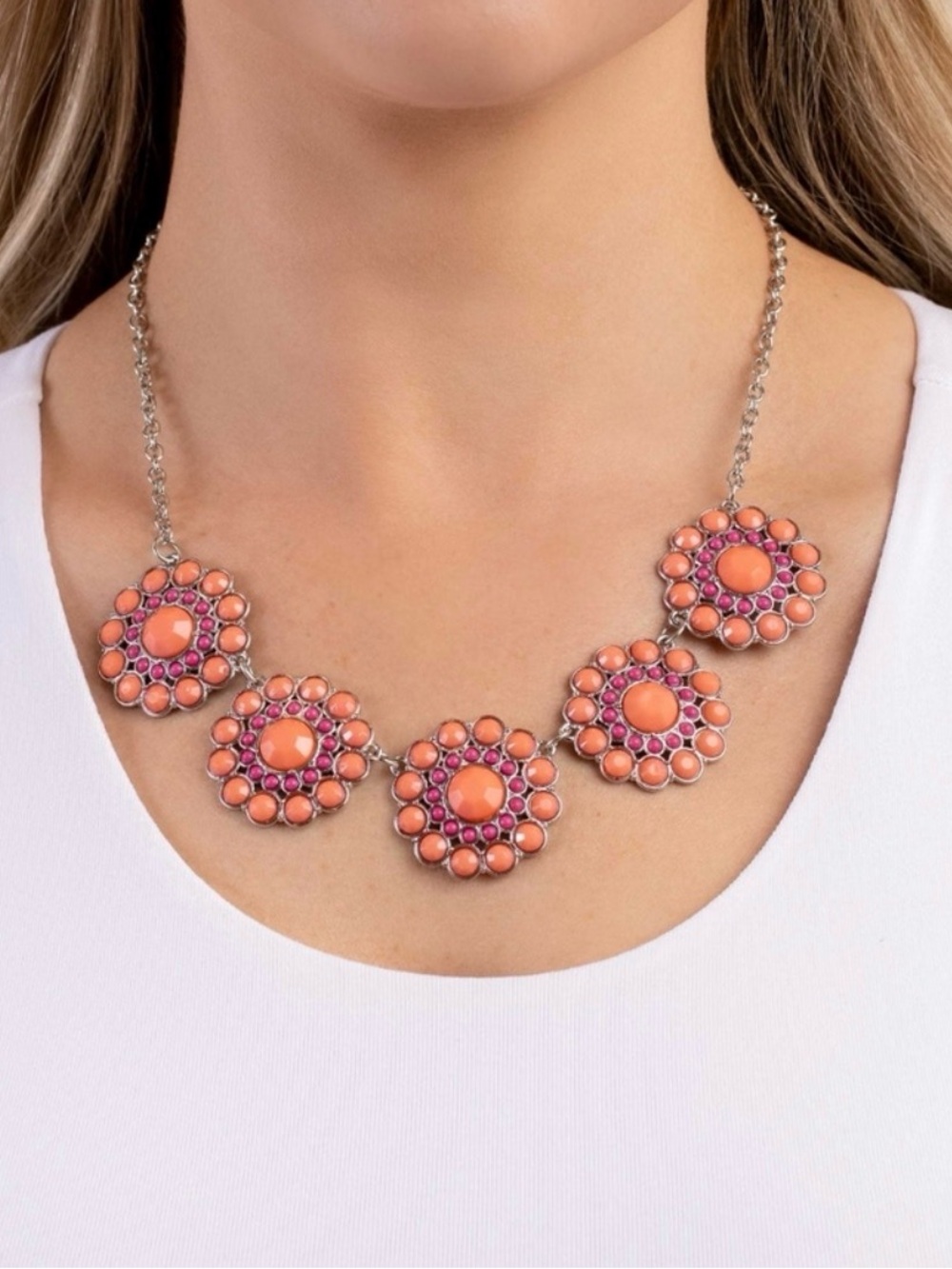 paparazzi Coral and Pink Floral Cluster Necklace - Women Jewelry